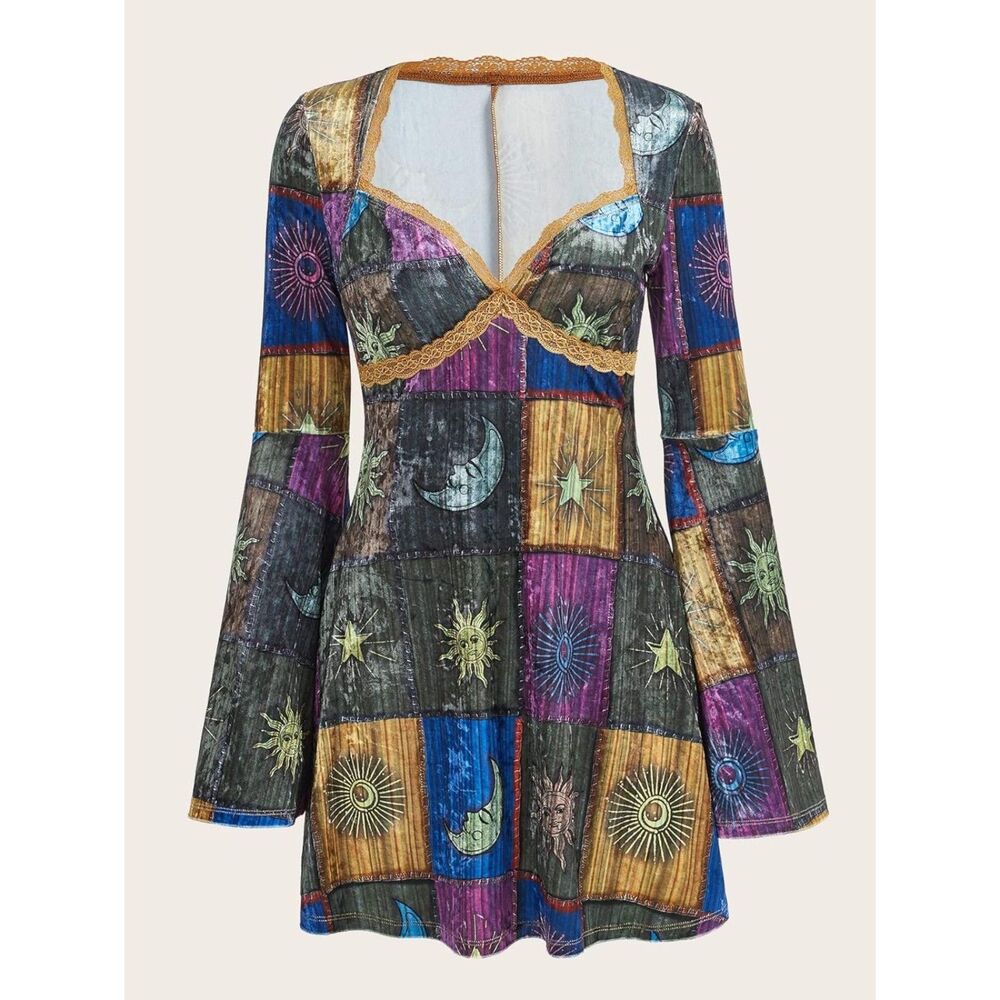 Shein - Grunge Sun & Moon Print Contrast Lace Flounce Sleeve Dress Sz XS - Picture 8 of 12